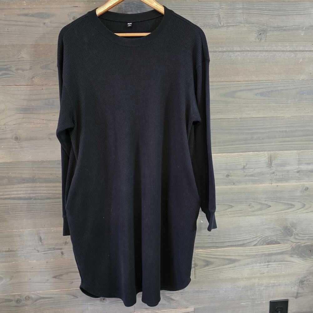 uniqlo waffle knit dress Long Sleeve T-Shirt Black Size Large Crew Neck Midi modern empress aesthetic